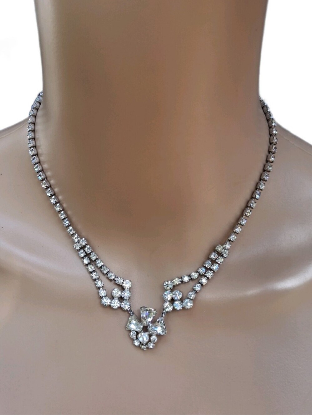 Vintage 1950s Rhinestone Choker Necklace | Silver Tone Art Deco Festoon Drop